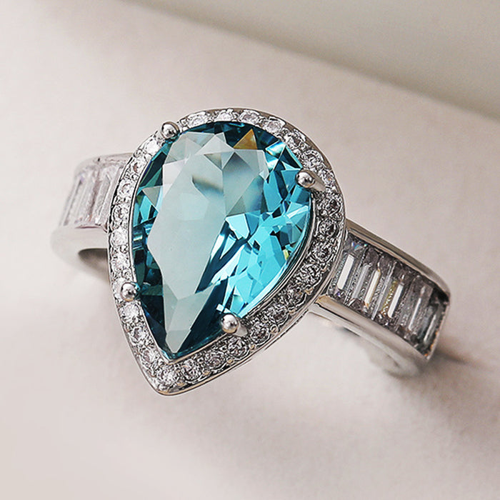 Sea blue teardrop engagement ring internet celebrity diamond female ring