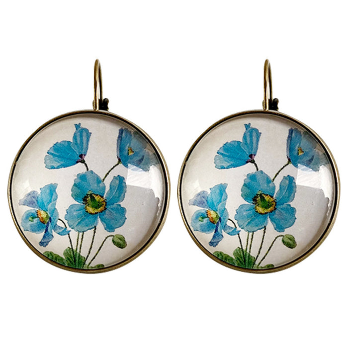 Vintage Glass Earrings with Sunflower, Sunflower, and Lavender Design