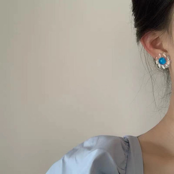 Blue transparent flower earrings S925 silver needle design earrings