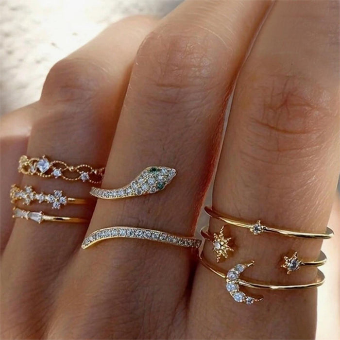 Star & Moon Diamond Snake Geometric Cut-Out Ring Set – Creative Vintage Joint Rings, 7-Piece Collection