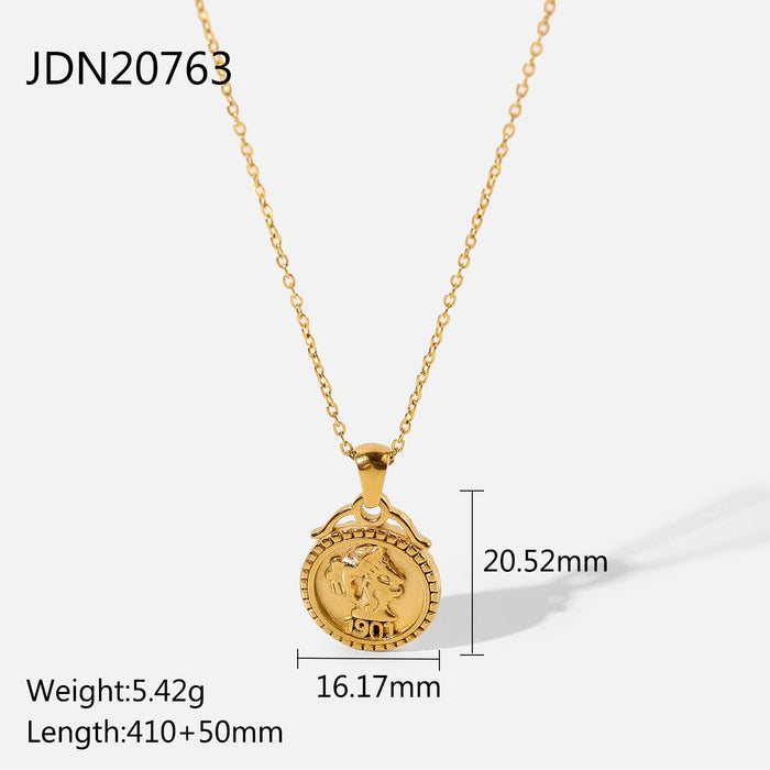 18K Gold-Plated Stainless Steel 3D Coin Pendant Necklace with Queen Elizabeth Design