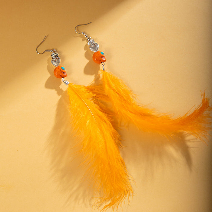 Orange tassel feather earrings skull heart Halloween personality earrings for women