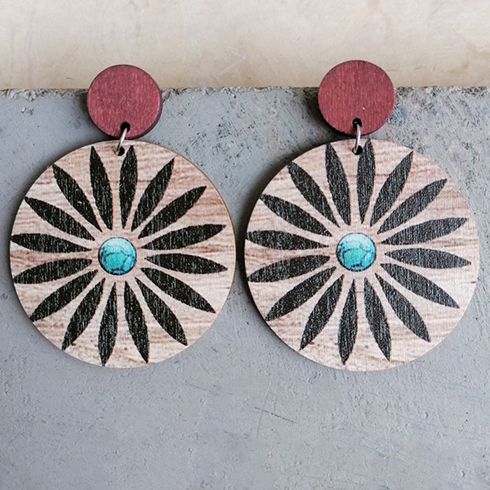 Wooden round flower earrings