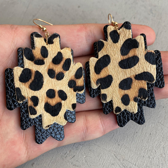 Western Cowboy Earrings with Double-Layer Aztec and Cowhide Design