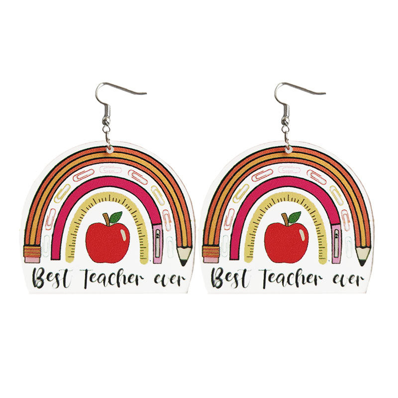 Cute Teacher Earrings with Ruler, Pencil, Apple, and Rainbow Designs