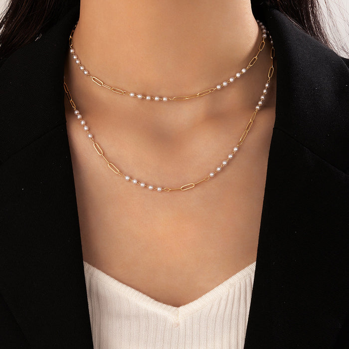 Pearl Beaded Double-Layer Necklace - Alloy Geometric Multilayer Choker