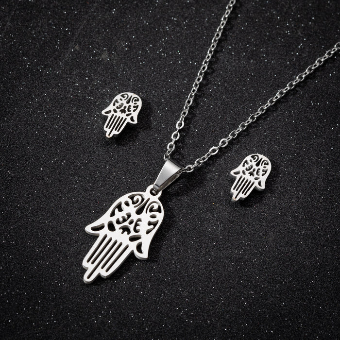 Hamsa Palm Pendant Necklace Earring Set, Cross-border Stainless Steel All-match Jewelry Wholesale