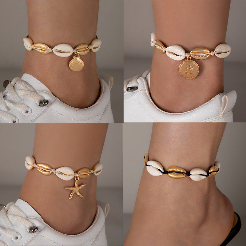 Trendy Heart Pendant Anklet Set – Layered Chains with Rhinestone Details