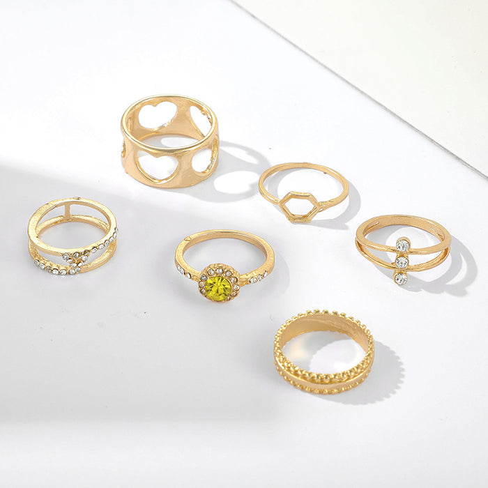 Yellow diamond geometric heart hollow ring 6-piece set