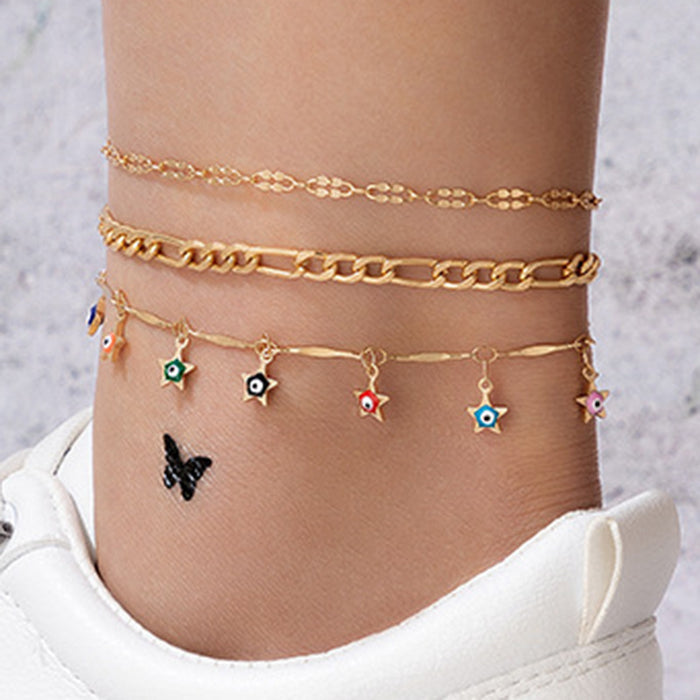 Star Tassel Rhinestone Anklet Set - Gold Four-Layer Jewelry