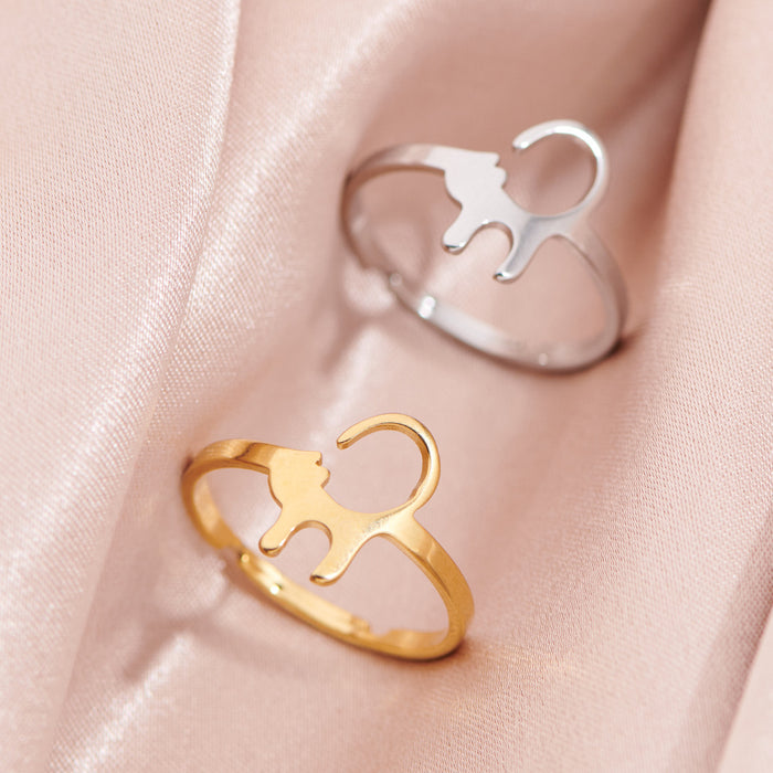 Cute cartoon long-tailed cat rings, simple stainless steel open rings wholesale