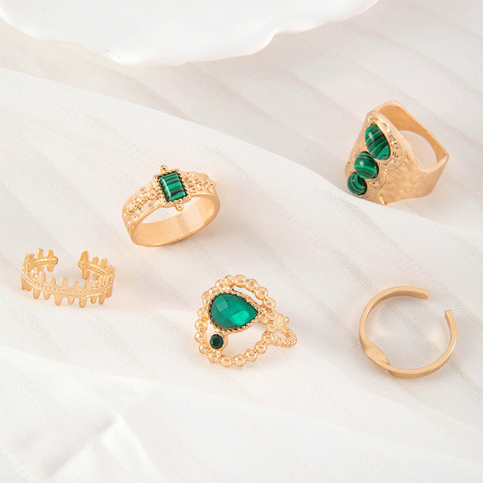 Vintage Emerald Gemstone Ring Set - 5pcs Unique Open Rings