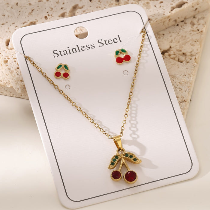 Conjunto de aretes de cadena de clavícula con colgante de cereza de oro de 18 quilates de acero inoxidable al por mayor