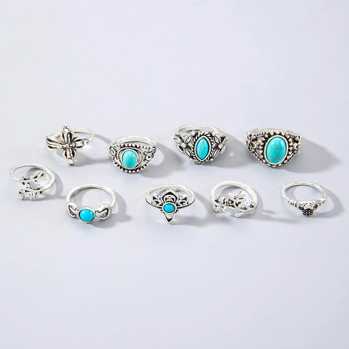 Bohemian Turquoise Exaggerated Ring Set - 9pcs Vintage Leaf Eye Rings