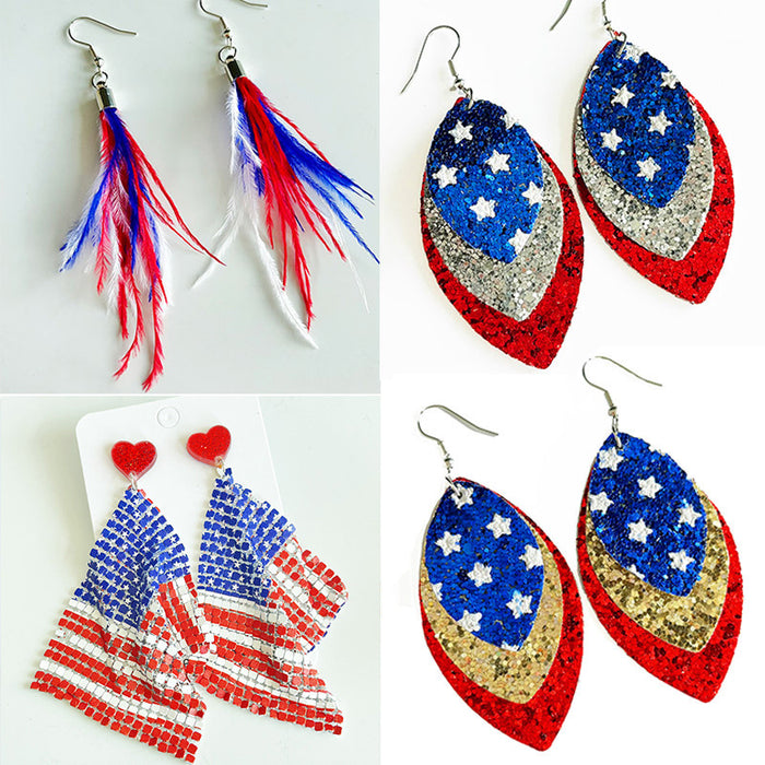 Independence Day Feather Leather Earrings with American Flag and Metal Mesh Design