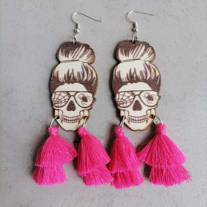 Halloween Tassel Earrings with Wooden Skull and Spider Design