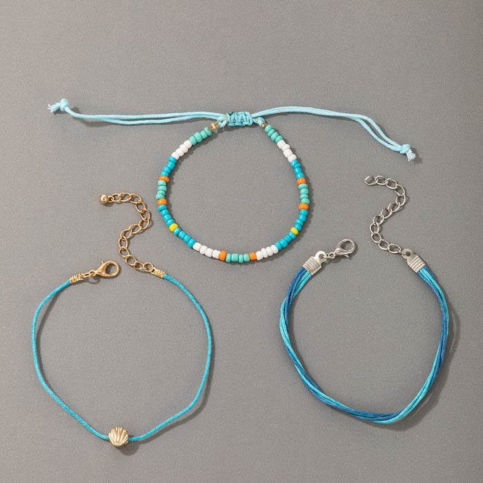 Ethnic Beaded Bracelet Set with Shell Charm and Adjustable Cord