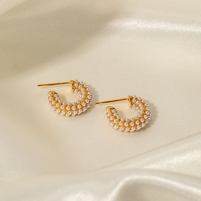 French Style New Fashionable Hoop Earrings - 18K Gold Plated Stainless Steel Mini Pearl Inlaid C-Shaped Jewelry