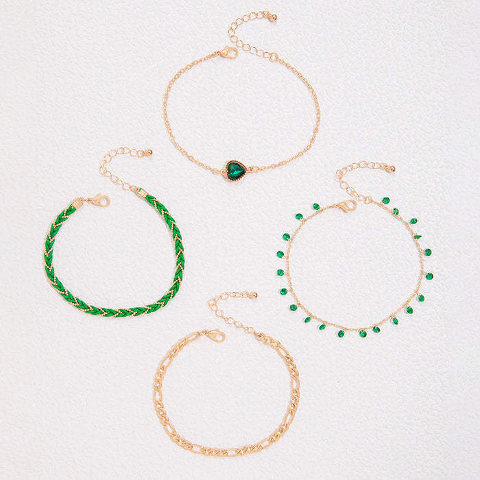 Green Heart Rhinestone Anklet Set with Woven Rope - Multilayer Beach Jewelry