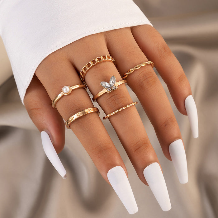 Butterfly diamond pearl ring set, geometric irregular braided pattern six-piece set