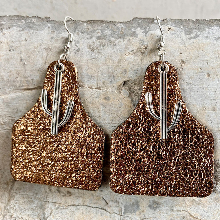 Textured Leather Earrings with Cross, Cactus, and Cow Tag Design