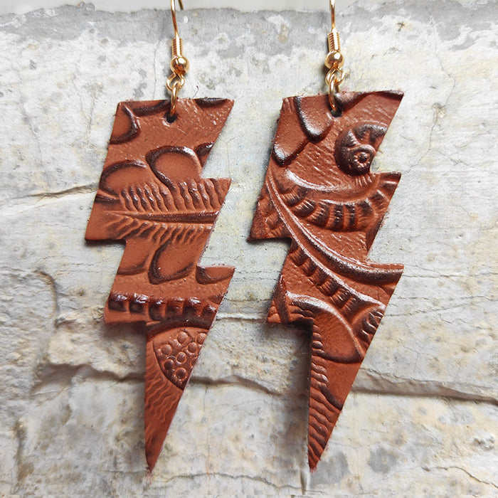 Vintage Embossed Leather Lightning Earrings with Western Cowboy Style