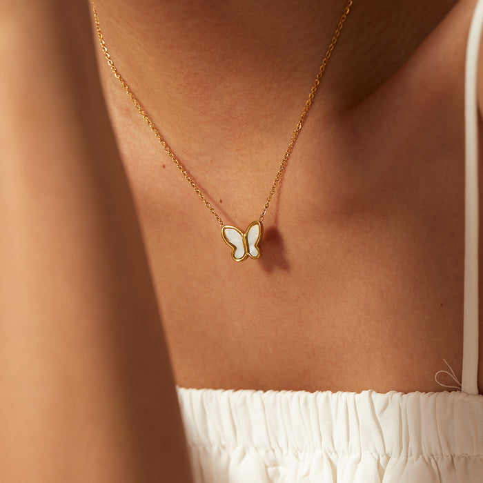 14K Gold-Plated Butterfly Pendant Necklace with White Shell - Women's Fashion Jewelry