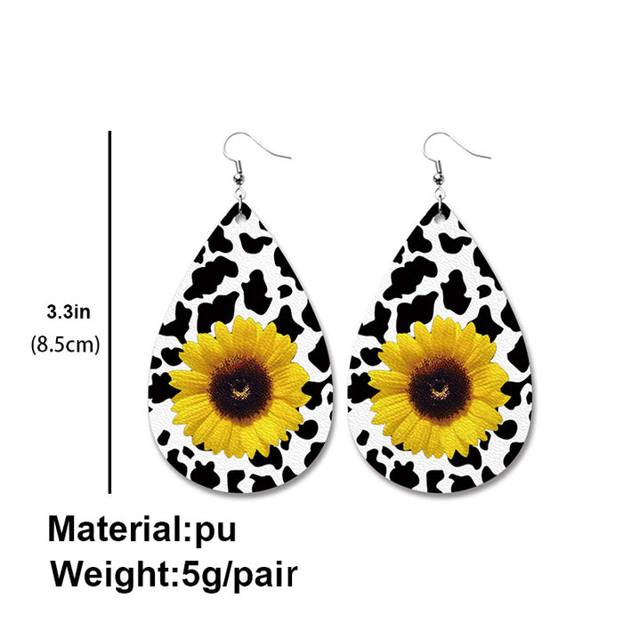 PU Leather Teardrop Earrings with Buffalo Plaid and Sunflower Print