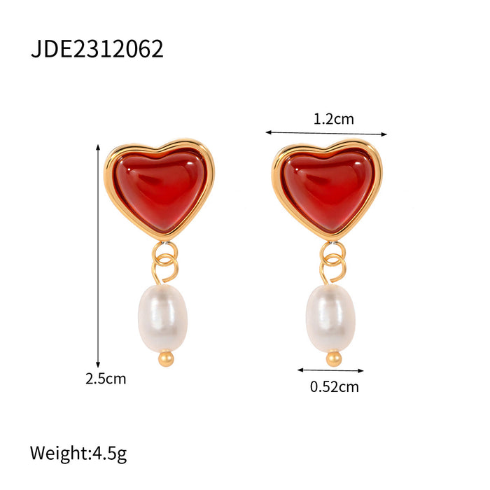 Pendientes de acero inoxidable chapados en oro de 18 quilates con forma de corazón y ágata roja: joyas únicas para mujer