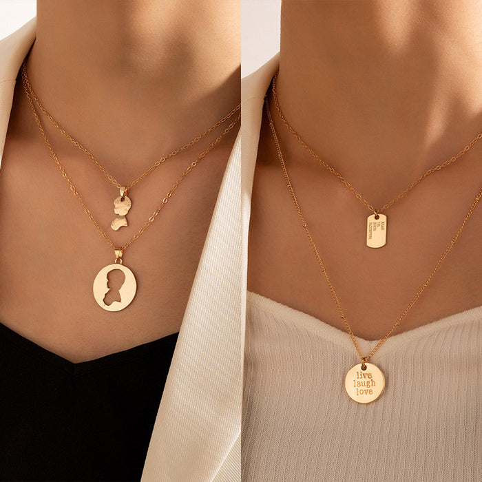 Gold Couple Pendant Necklace with Geometric Letter Multi-Layer Design