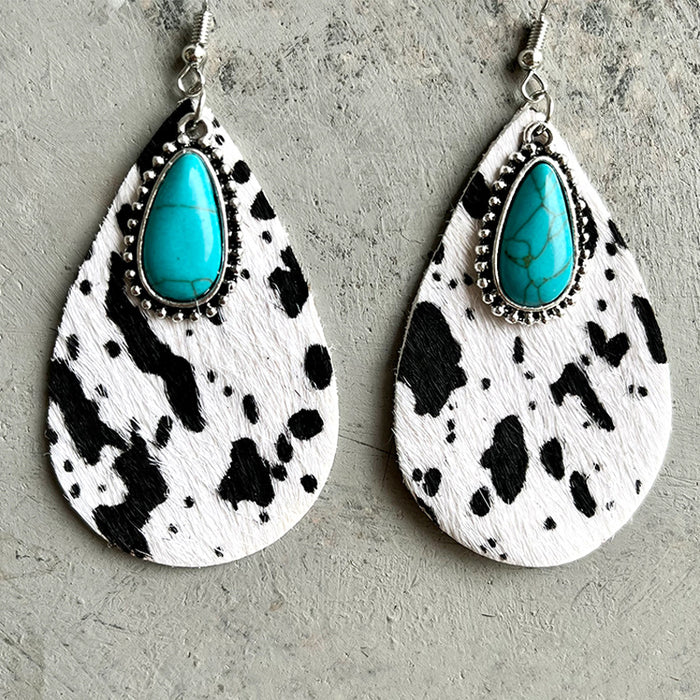 Western Animal Print Cowhide Teardrop Earrings with Turquoise and Metal Accents