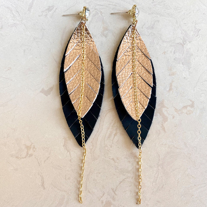 Multi-Layer Leather Earrings with Morandi Colors and Feather Chain Design