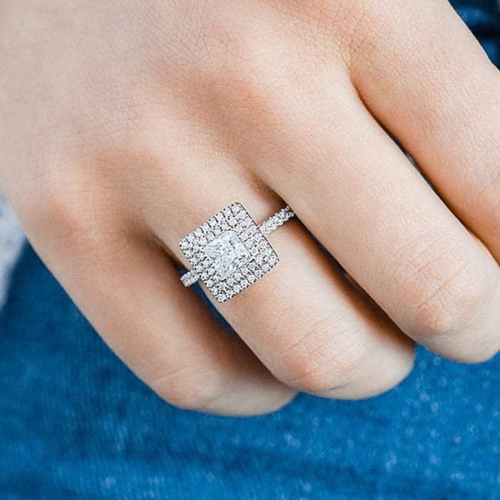 Classic geometric square diamond ring, elegant engagement diamond ring for women