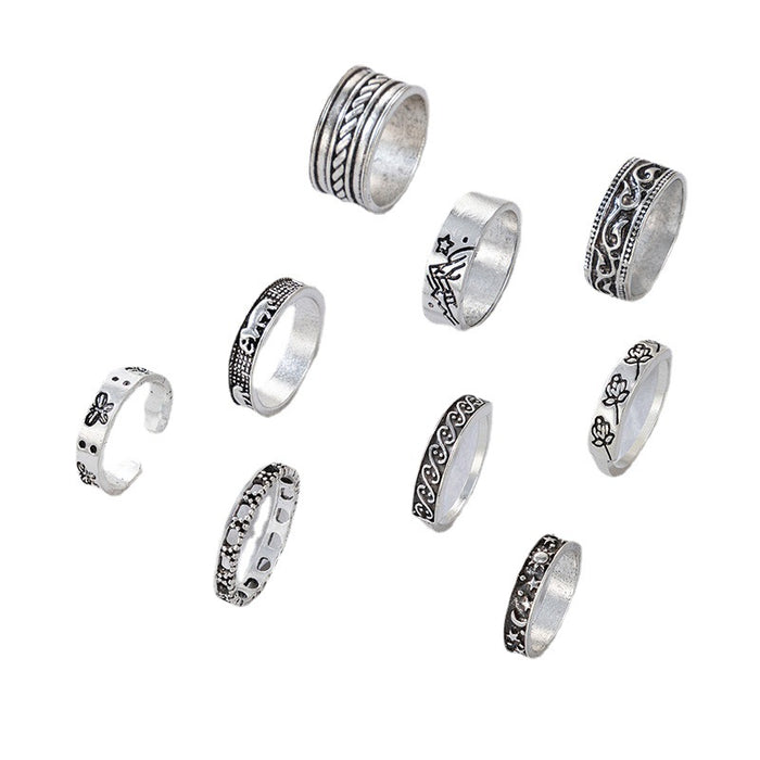 Vintage style flower plain ring nine-piece set