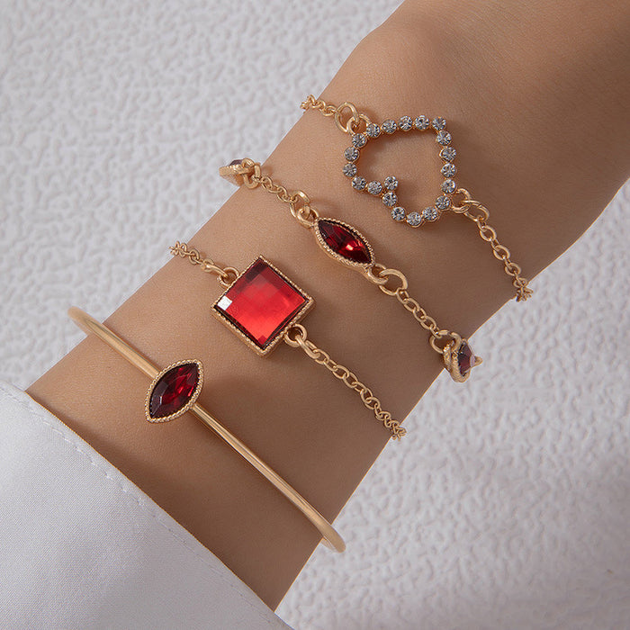 Heart Gemstone Bracelet Set - Four-Piece Ruby Rhinestone Jewelry for Women