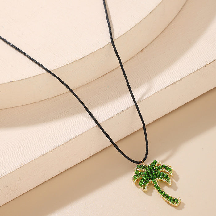 Green Diamond Coconut Tree Single Layer Necklace with Geometric Irregular Clavicle Chain