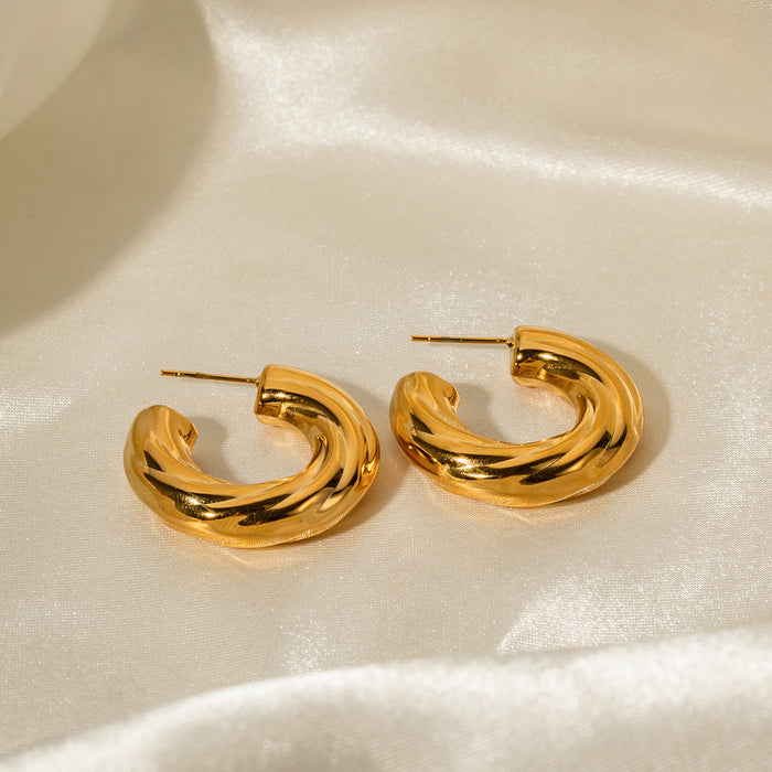 New Geometric Titanium Steel Earrings - 18K Gold Plated Stainless Steel Slanted Ribbed C-Shaped Earrings