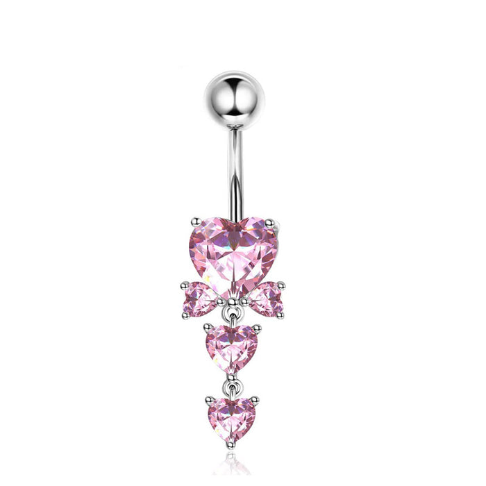 Pink Stainless Steel Zircon Double Heart Curved Barbells for Navel - wallojewerly 