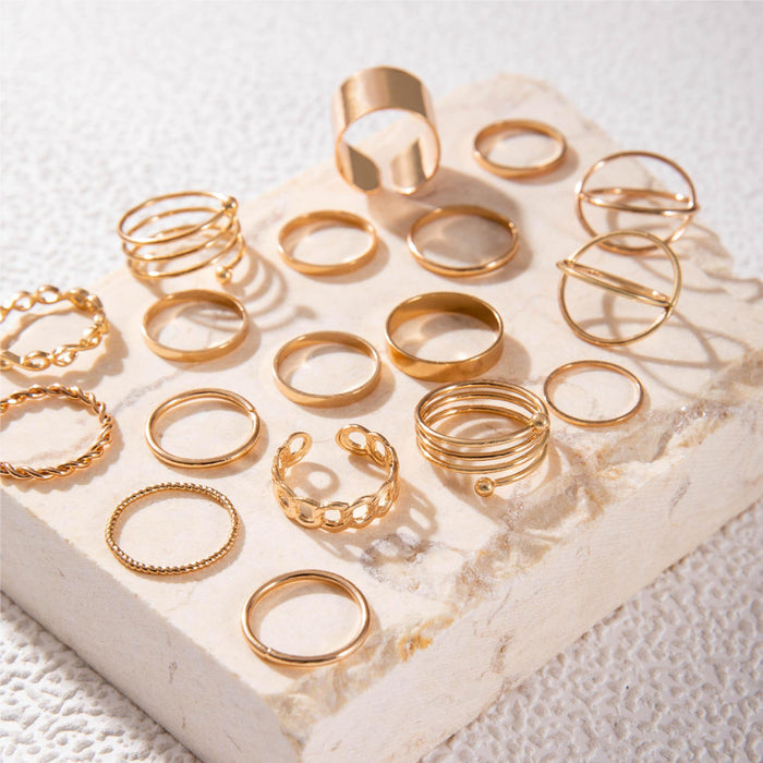 Retro Geometric Spiral and Gold Knuckle Ring Set - Eighteen-Piece Alloy Set