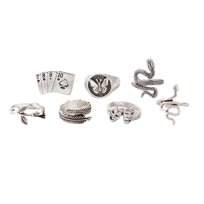 Vintage Poker Mask Snake Flower Ring 7-Piece Set