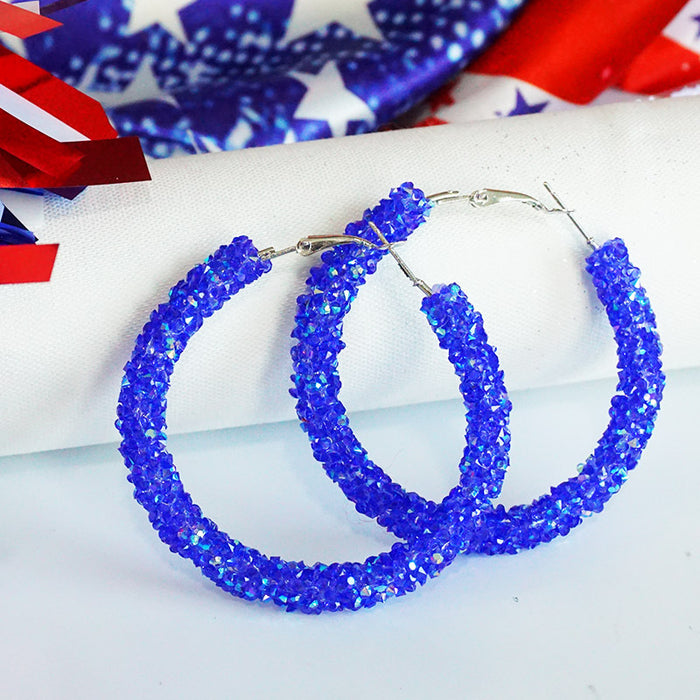 Independence Day Hoop Earrings with Sparkling Rhinestones in Patriotic Colors