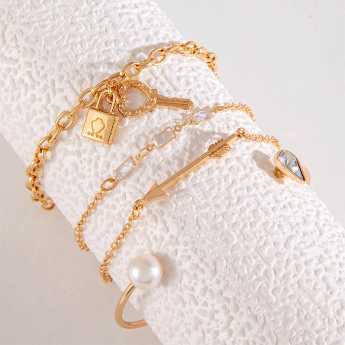 Pearl Cuff Bracelet Set with Arrow, Key, and Lock Charms - Four-Piece Jewelry Set