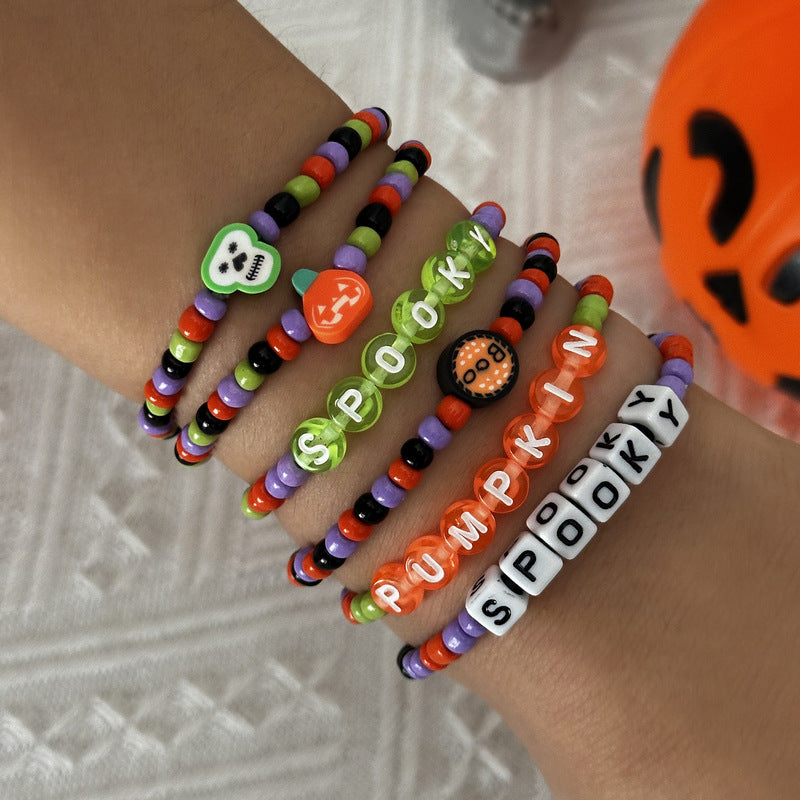Wholesale Halloween Stackable Polymer Clay Bracelet Sets - Spooky Pumpkin, Ghost & Skull Spelled Beaded Stretch Bracelets - wallojewerly 