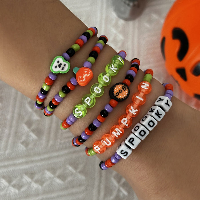 Wholesale Halloween Stackable Polymer Clay Bracelet Sets - Spooky Pumpkin, Ghost & Skull Spelled Beaded Stretch Bracelets