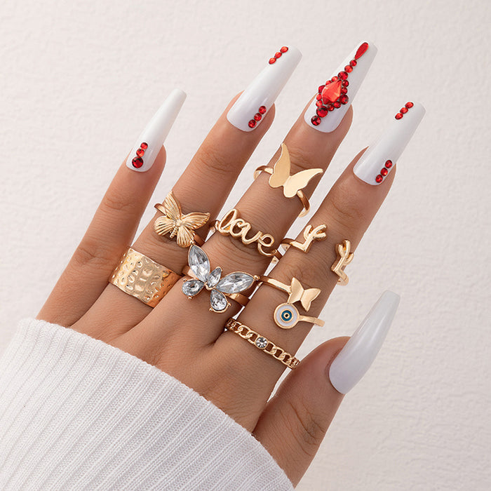 Butterfly Ring Set - 8-Piece Geometric Letter Rings for Women