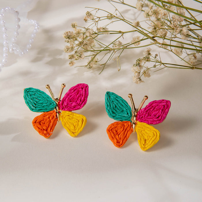 Bohemian colorful woven raffia butterfly earrings holiday style earrings