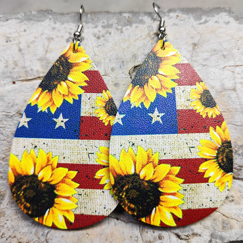 Cross Teardrop Leather Earrings with Western Flag Sunflower and Boot Design