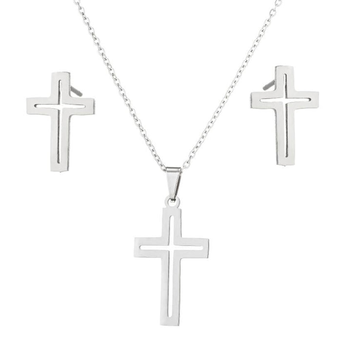 Cross pendant necklace earrings two-piece set, European and American fashion women's hollow jewelry wholesale