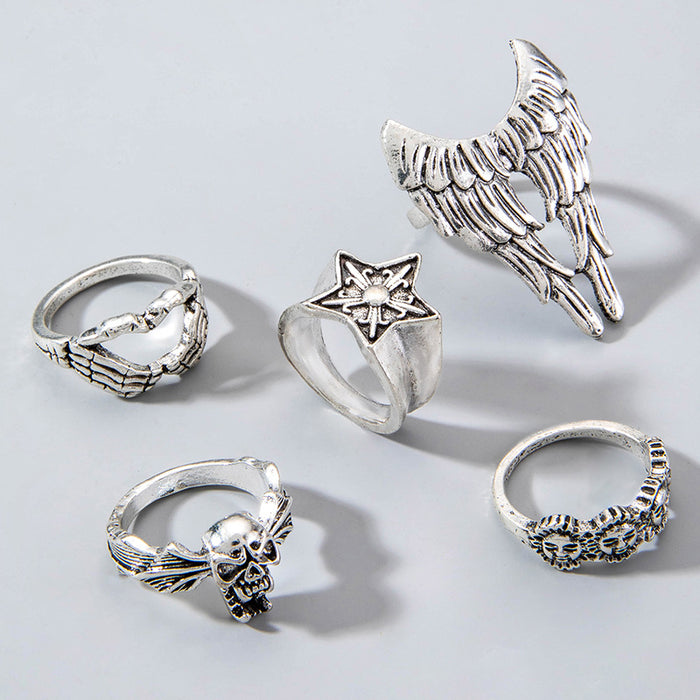 Dark Hip-Hop Wing Heart Ring Set - Five-Piece Knuckle Set for Women