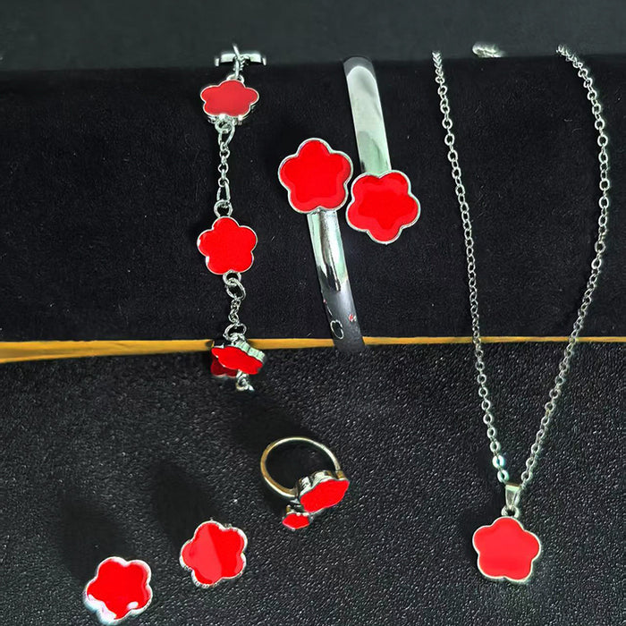 Wholesale 5-piece set of five-petal flower necklace, bracelet, bangle, earrings, and ring - wallojewerly 